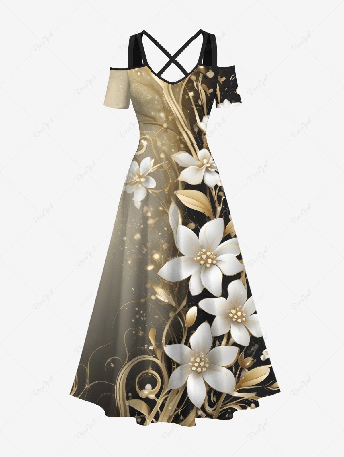 Robe longue hawaïenne grande taille à imprimé floral et feuilles d'hibiscus ombré, épaules dénudées, croisée, coupe trapèze café 6X