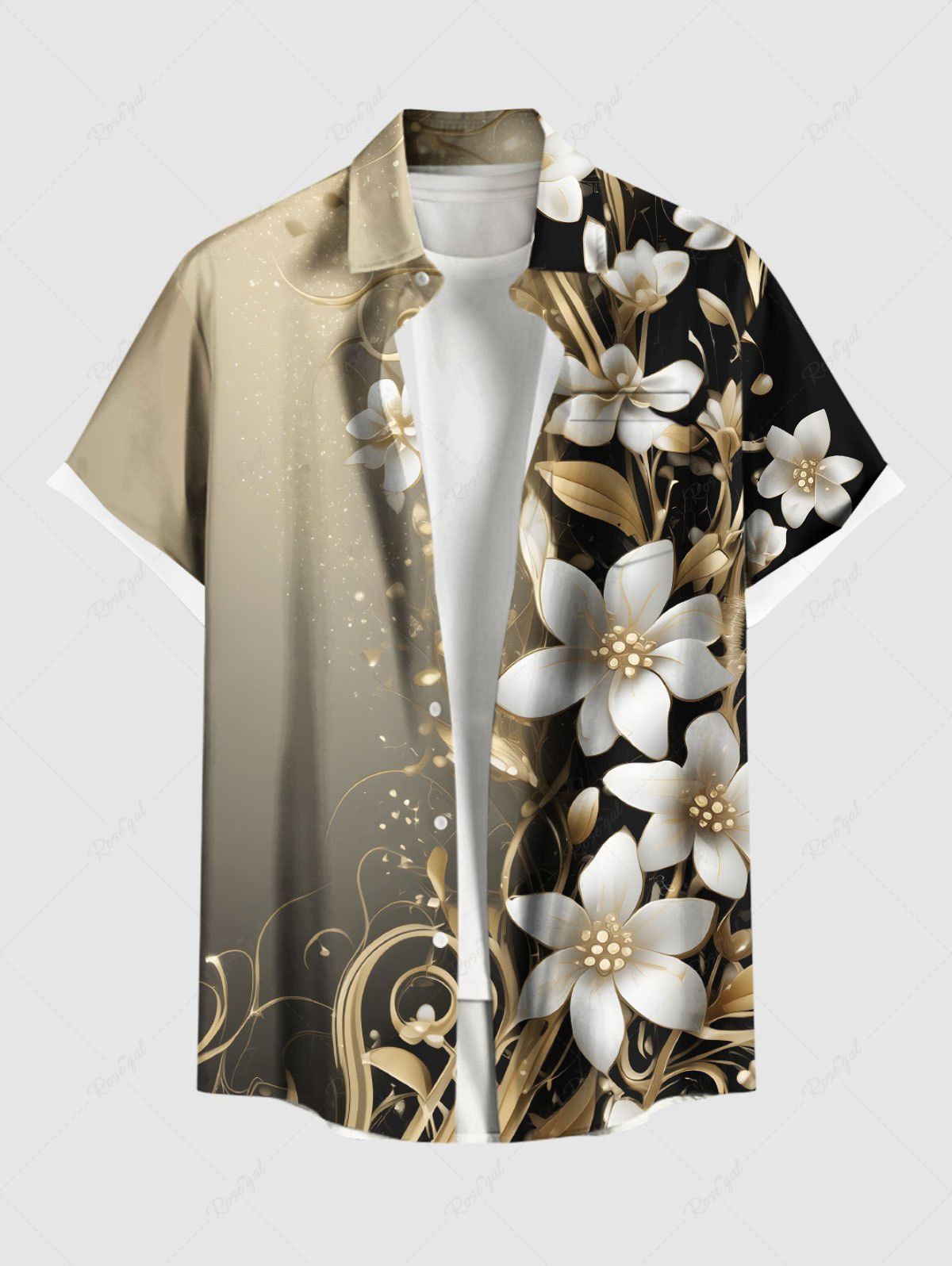 Discount Plus Size Ombre Hibiscus Flower Leaf Print Hawaii Button Pocket Shirt For Men  