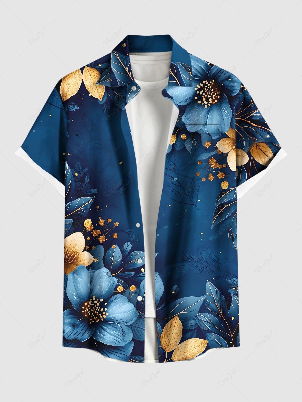Trendy Plus Size Two Tone Hibiscus Flower Leaf Galaxy Print Hawaii Button Pocket Shirt For Men  