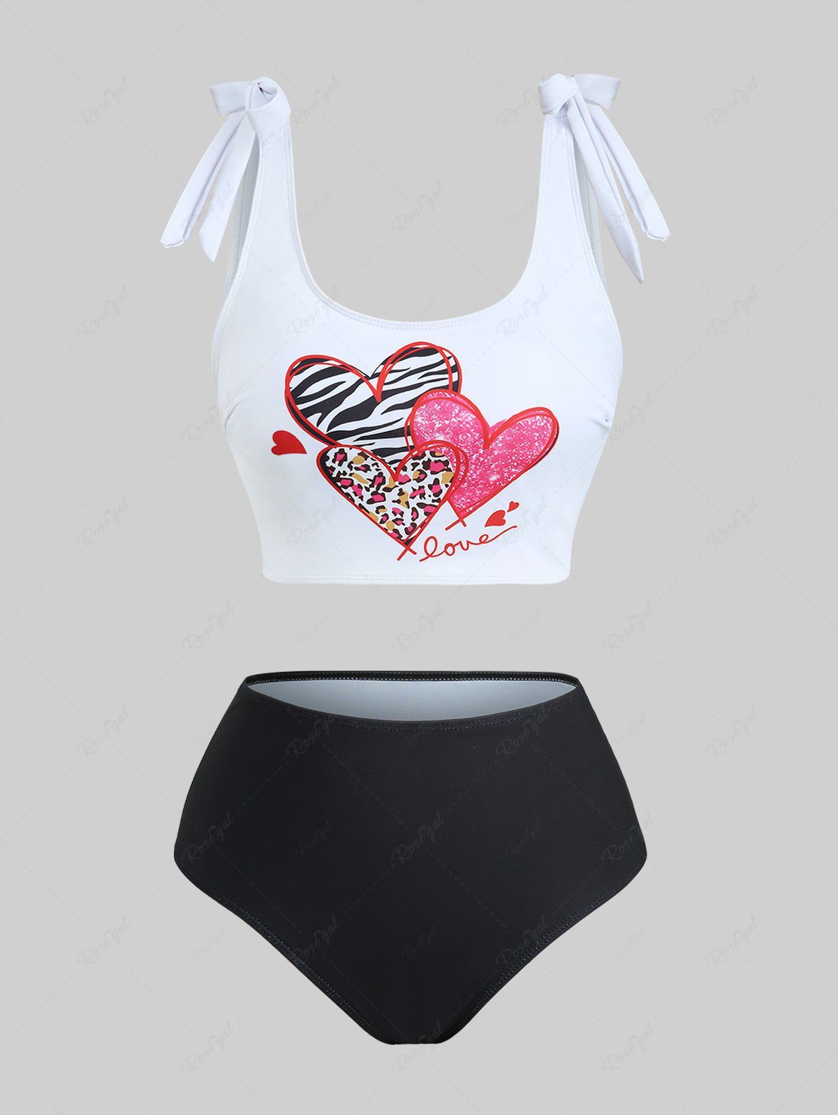 Hot Plus Size Zebra Leopard Sparkling Sequin Heart Print Tie Shoulder Tankini Swimsuit  