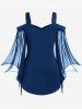 Cold Shoulder Mesh Bell Sleeves Top and O-rings Pockets Capri Leggings Plus Size Outfit -  