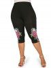 Rose Flower Print Tulip Hem Surplice 2 In 1 Top and High Waist Capri Leggings Plus Size Outfit -  