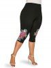 Rose Flower Print Tulip Hem Surplice 2 In 1 Top and High Waist Capri Leggings Plus Size Outfit -  