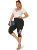 Rose Flower Print Tulip Hem Surplice 2 In 1 Top and High Waist Capri Leggings Plus Size Outfit -  