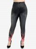 Glitter Ribbed Twist Geometric Flower Trim Neck Top and 3D Jeans Flame Print Leggings Plus Size Outfit -  