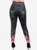 Glitter Ribbed Twist Geometric Flower Trim Neck Top and 3D Jeans Flame Print Leggings Plus Size Outfit -  