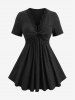 Glitter Twist Ribbed Geometric Flower Trim Neck Top and Lace Panel High Waisted Flare Pants Plus Size Outfit -  