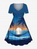 Tenue de plage hawaïenne assortie grande taille, motif cocotier, soleil, paysage marin, vagues, hamac, pour couples - Bleu Ciel 