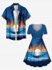 Tenue de plage hawaïenne assortie grande taille, motif cocotier, soleil, paysage marin, vagues, hamac, pour couples - Bleu Ciel 