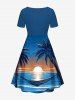 Tenue de plage hawaïenne assortie grande taille, motif cocotier, soleil, paysage marin, vagues, hamac, pour couples - Bleu Ciel 