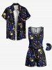 Ensemble chemise et barboteuse hawaïennes assorties, grande taille, tenue de plage, motif galaxie, crânes, lune, soleil et étoiles, imprimé pour couples - Bleu 