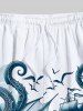 Plus Size Octopus Sailboat Sea Waves Bird Print Hawaii Cruise Drawstring Beach Shorts For Men -  