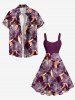 Plus Size Flowers Leaf Print Hawaii Tank Dress -  
