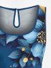 Plus Size Two Tone Hibiscus Flower Leaf Galaxy Print Hawaii Drawstring Pocket Romper -  