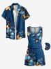Plus Size Two Tone Hibiscus Flower Leaf Galaxy Print Hawaii Drawstring Pocket Romper -  