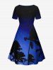 Plus Size Coconut Tree Ombre Galaxy Print Hawaii Cinched A Line Dress -  