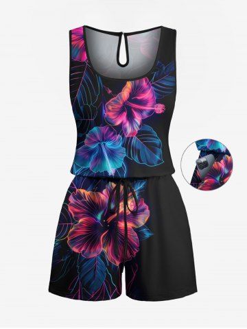 Combinaison hawaïenne cintrée grande taille à imprimé tropical, fleurs d&#39;hibiscus et feuilles - BLACK - 6X