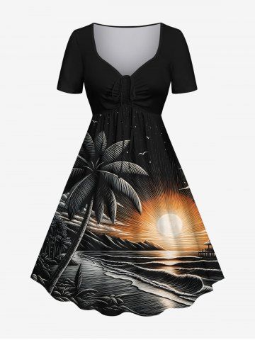 Plus Size Coconut Tree Sun Seascape Print Cinched Hawaii Dress - BLACK - 5X
