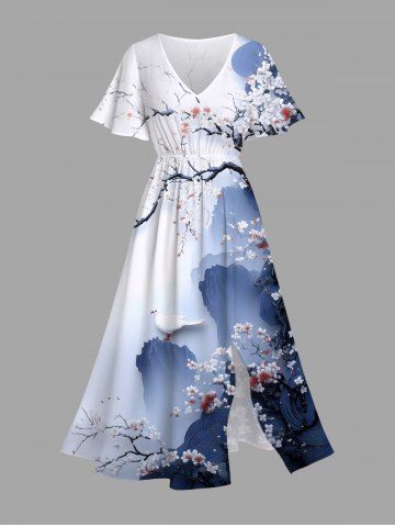 Plus Size Chinese Style Mountain Plum Bossom Flowers Print Split Hawaii Midi Dress - BLUE - XS