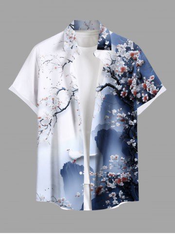 Plus Size Chinese Style Mountain Plum Bossom Flowers Print Buttons Pocket Hawaii Shirt For Men - DEEP BLUE - L