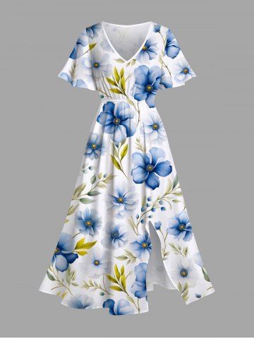 Plus Size Flowers Leaf Print Split Hawaii Midi Dress - WHITE - XXS