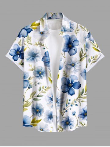 Plus Size Flowers Leaf Print Buttons Pocket Hawaii Shirt For Men - BLUE - S