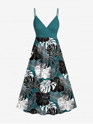 Plus Size Tropical Leaf Print Surplice Hawaii Cami Dress - GREEN - 6X
