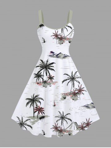 Plus Size Coconut Tree Sailboat Sea Waves Print Hawaii Tank Dress - WHITE - XXS