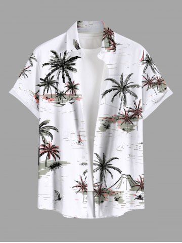 Plus Size Coconut Tree Sailboat Sea Waves Print Buttons Pocket Hawaii Shirt For Men - WHITE - 4XL