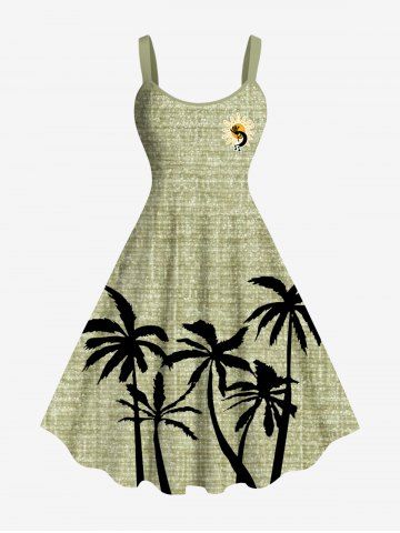 Plus Size Coconut Tree Sun Marled Print Hawaii Tank Dress - GREEN - 4X