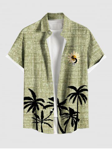 Plus Size Coconut Tree Sun Marled Print Buttons Pocket Hawaii Shirt For Men - GREEN - S