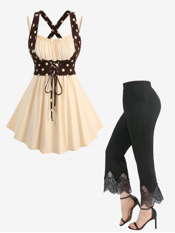 Ensemble 2 en 1 débardeur à lacets et pantalon évasé à pompons festonnés, grande taille - LIGHT COFFEE