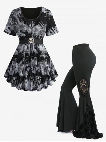 Tenue grande taille avec haut imprimé journal tie-dye effet vieilli et pantalon évasé à appliques floquées - BLACK
