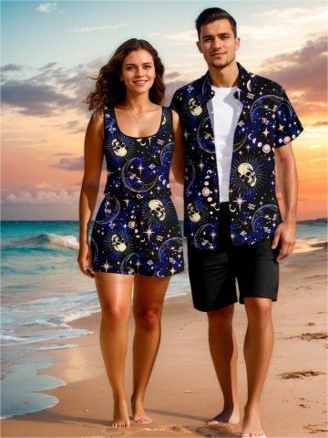 Matching Hawaii Shirt and Romper Plus Size Beach Outfit Galaxy Skulls Moon Sun Star Printed for Couples - BLUE