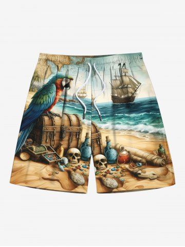 Plus Size Parrot Sea Sailboat Jewelry Skull Print Hawaii Drawstring Beach Shorts For Men - YELLOW - 8XL