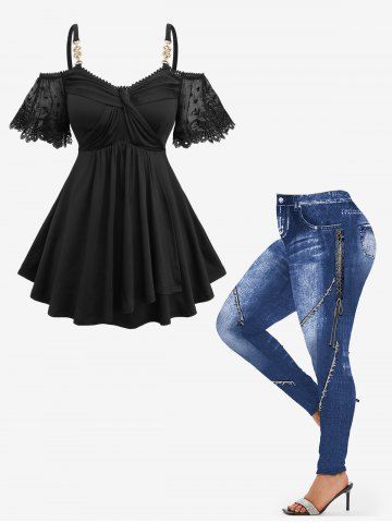 Flower Lace Jacquard Embroidery Sleeves Crossover Top and 3D Denim Lace Up Print Leggings Plus Size Outfit - BLACK