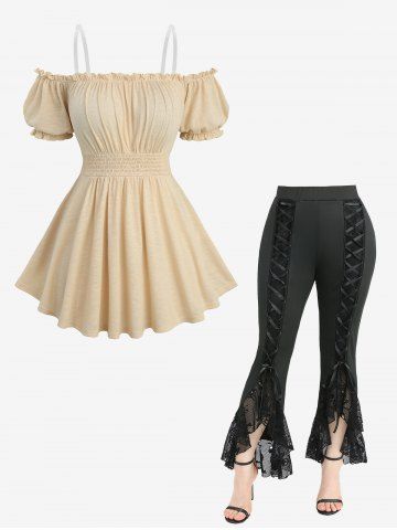 Haut froncé à taille élastique et pantalon évasé à volants et lacets en résille et tête de mort, tenue grande taille - BEIGE