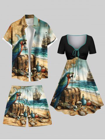 Distressed Sailboat Sea Wave Parrot Treasure Chest Skull Print Plus Size Matching Hawaii Beach Outfit For Couples - BLACK