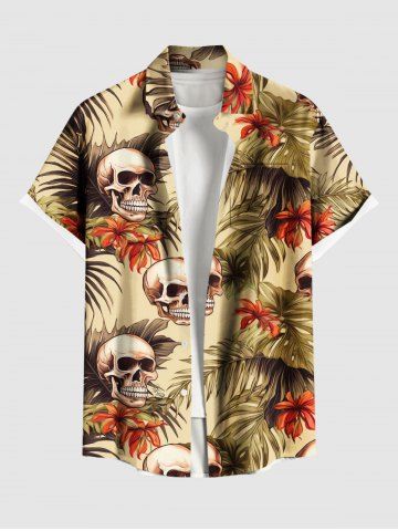 Chemise hawaïenne grande taille à imprimé tête de mort, feuilles tropicales, fleurs d'hibiscus, boutons et poches pour homme