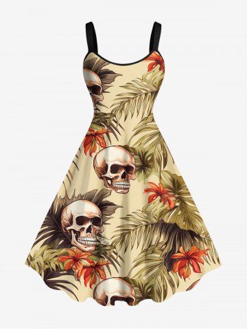 Robe débardeur hawaïenne grande taille à imprimé tête de mort, feuilles tropicales, hibiscus et fleurs