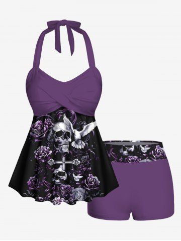 Skull Cross Floral Bird Print Twist Halter Backless Boyleg Tankini Swimsuit - PURPLE - M