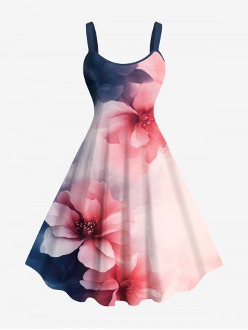 Plus Size Ombre Watercolor Flower Print Hawaii A Line Tank Dress - LIGHT PINK - M