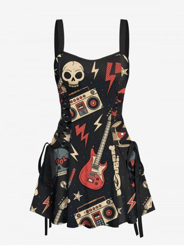 Skull Guitar Radio Print Hawaii Rock and Roll Lace Up A Line Tank Dress - BLACK - XS