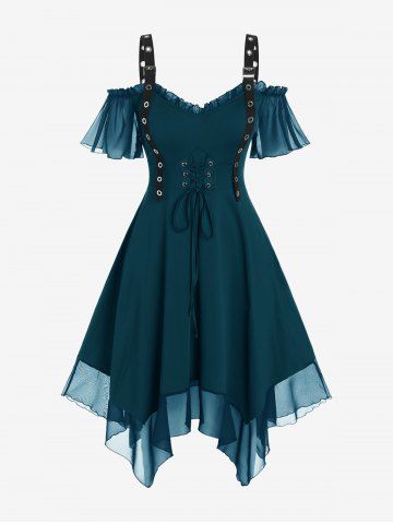 Gothic Plus Size Cold Shoulder Lace Up Grommet Handkerchief Chiffon Asymmetric Dress - BLUE - 1X | US 14-16
