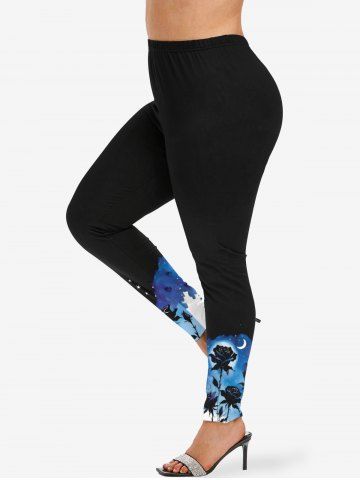 Plus Size Rose Flower Moon Star Galaxy Print Skinny Leggings - BLACK - XS