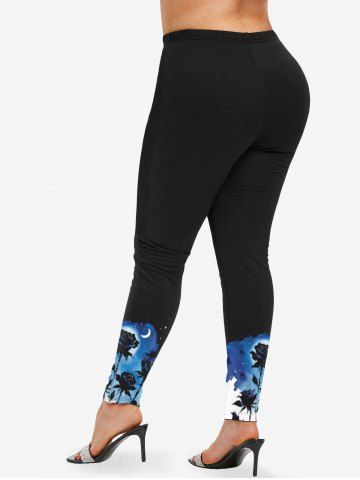 Plus Size Rose Flower Moon Star Galaxy Print Skinny Leggings