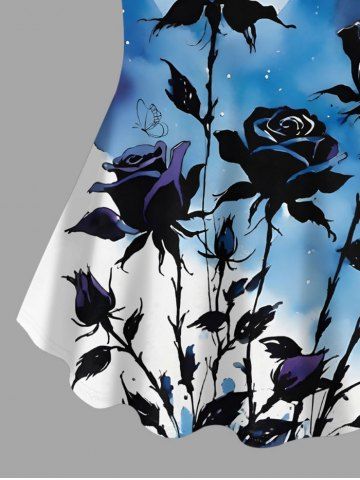 Plus Size Rose Flower Moon Star Galaxy Print T-shirt