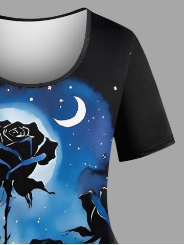 Plus Size Rose Flower Moon Star Galaxy Print T-shirt
