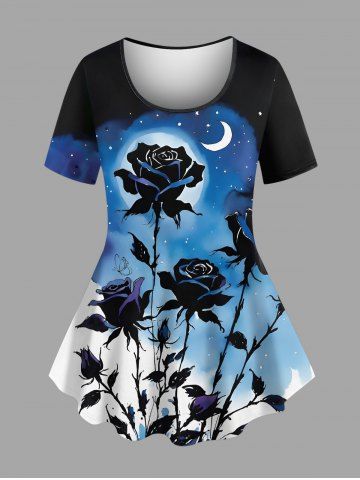 Plus Size Rose Flower Moon Star Galaxy Print T-shirt - BLACK - 6X
