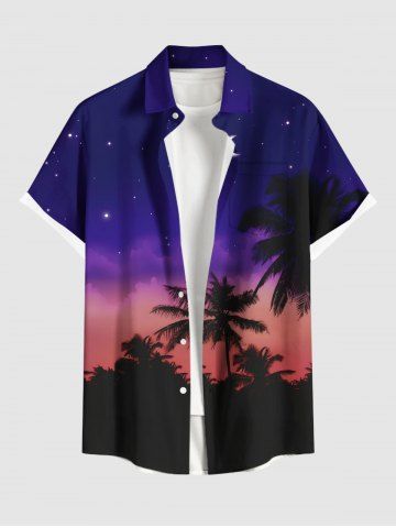 Plus Size Coconut Tree Moon Ombre Sky Star Print Buttons Pocket Hawaii Shirt For Men - BLACK - M